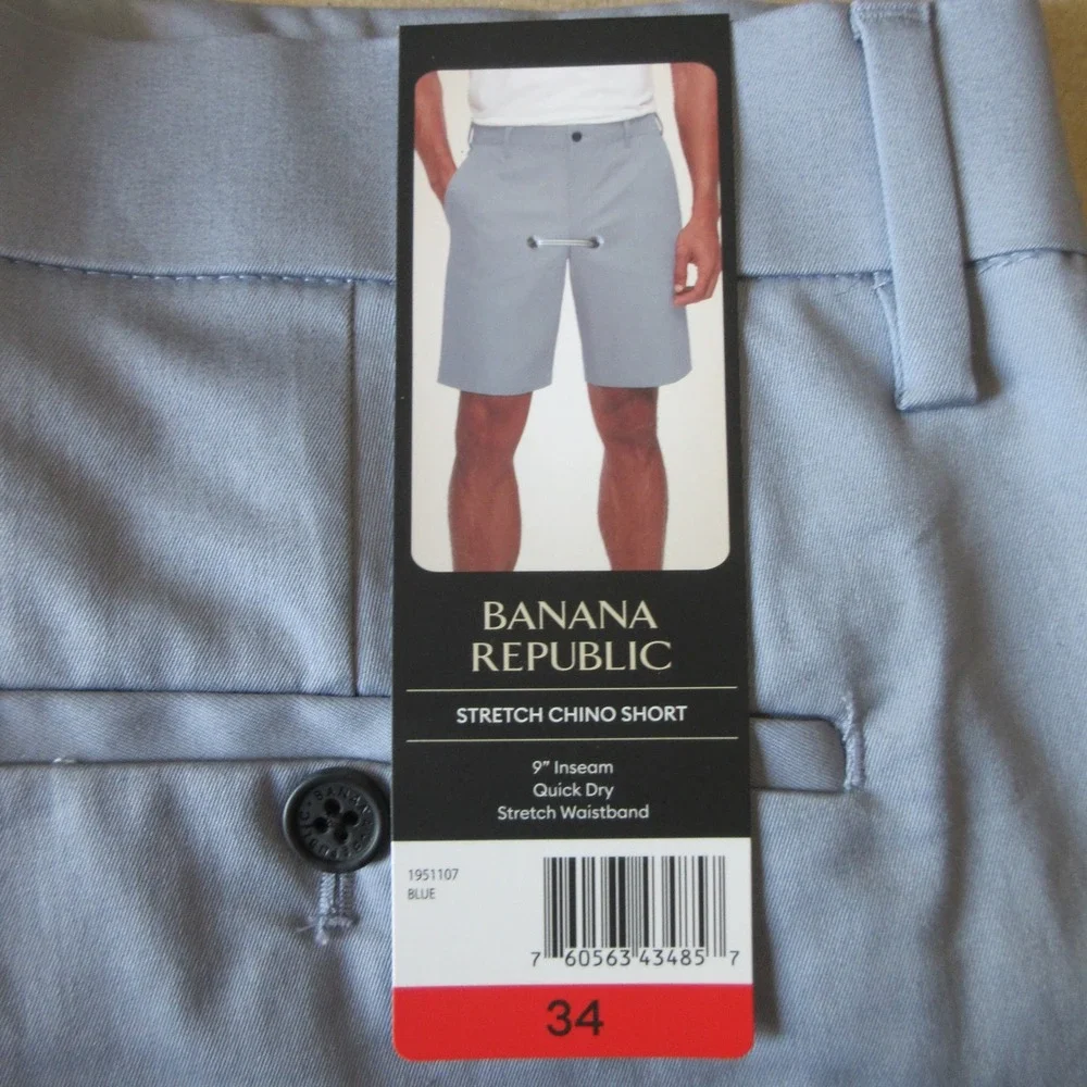 BANANA REPUBLIC Stretch Chino Shorts Mens Size 34 Blue Flat Front Quick Dry NWT
